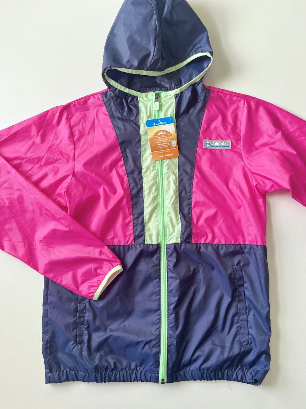 Teen Girls, 14-16, back bowl omni-shade hooded windbreaker, Columbia, new w tag